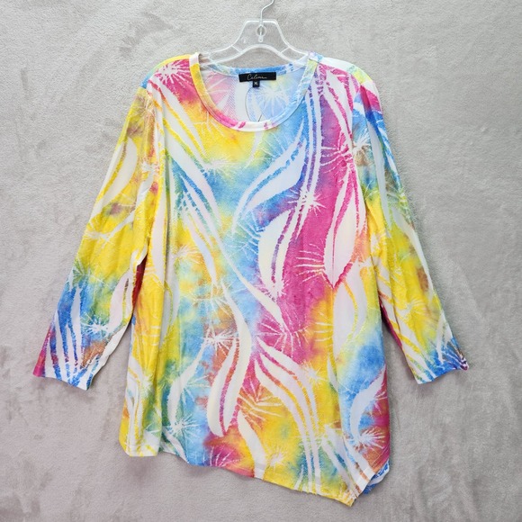 Calessa Tops - Calessa Tunic Womens Large Bright Burnout Tie Dye Top Asymmetrical Hem Artsy New